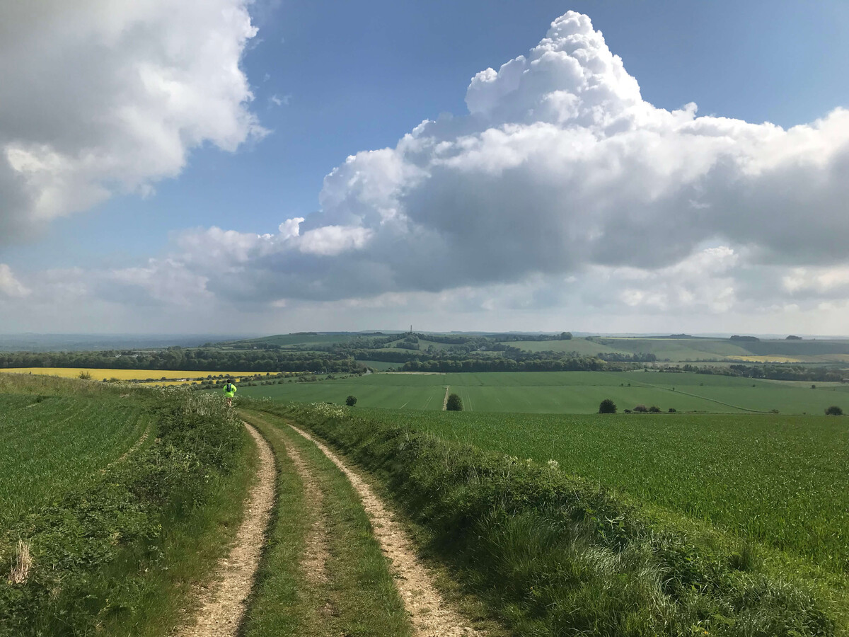 A long chalk farm track descends between green fields under a dramatic sky of billowing white clouds, a tiny figure in a hi-vis jacket visible far ahead.